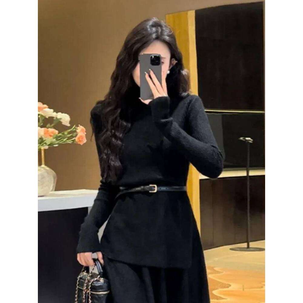 Female Knit Dress Retro Maxi Evening Turtleneck Robe Women's Crochet Dresses Grey Long Basic Youthful Elegant Pretty Luxury New Z260314