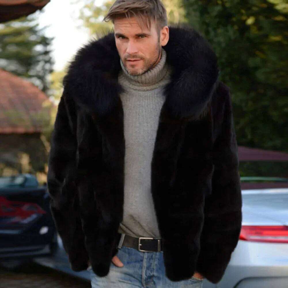 Men's Fox Autumn Winter Fashion Long Sleeve Warm Hooded Faux Fur Black Casual Men Jackets Cardigan Coat Z260313
