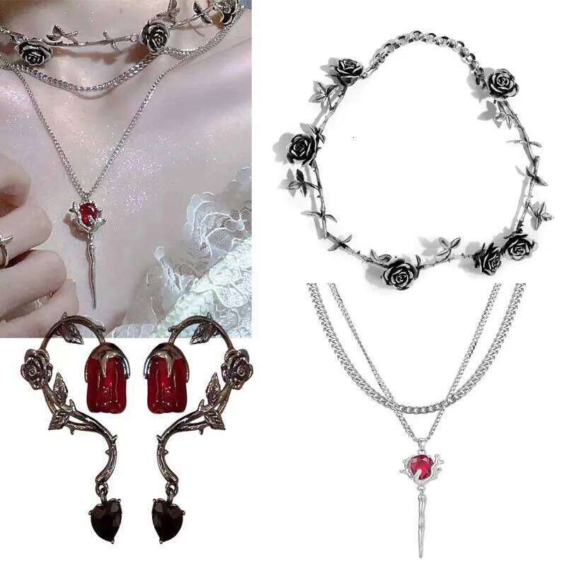 Double Layer Red Crystal Pendant Necklace Layered Necklaces Thorn Rose Clavicle Chain Choker Earrings Goth Jewelry set Gift H260312