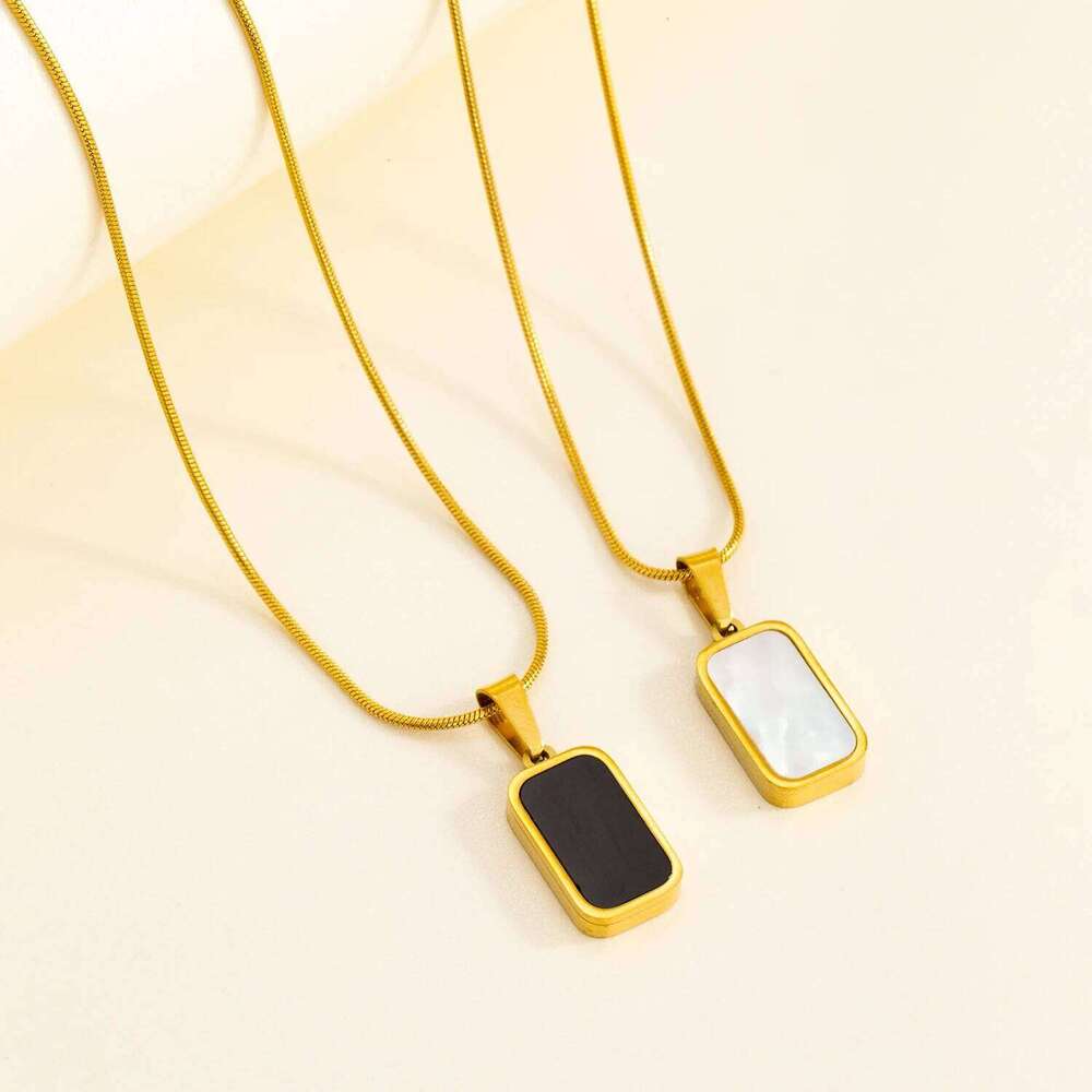 Double Sided Square Pendant Necklace for Women - Hypoallergenic 18K Gold Plated Stainless Steel -Shell & Acrylic Fashion Jewelry H260312