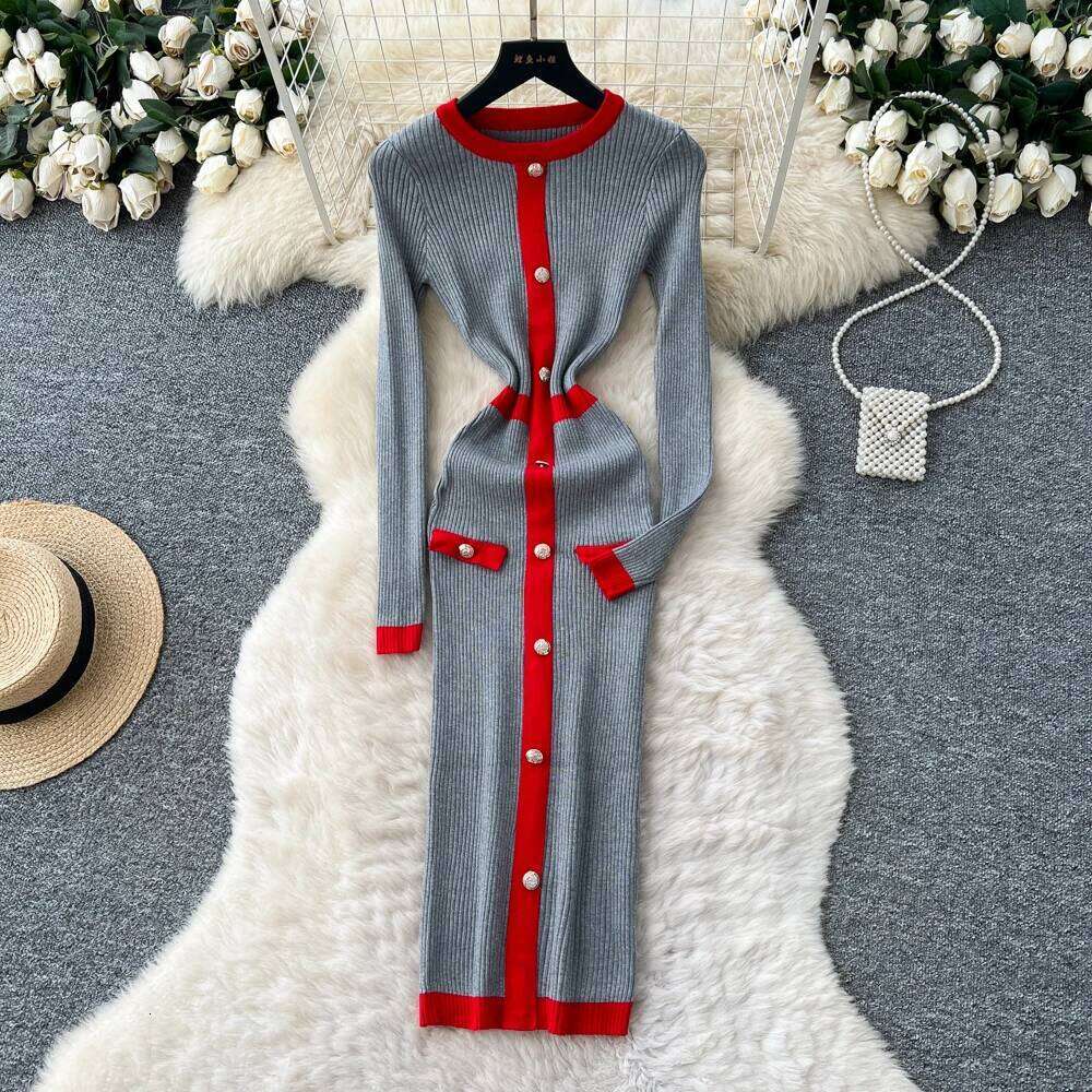 REALEFT Autumn Winter Vintage Patchwork Single Breasted Women's Knitted Dress High Waist O-neck Long Sleeve Sweater Dresses Z260314