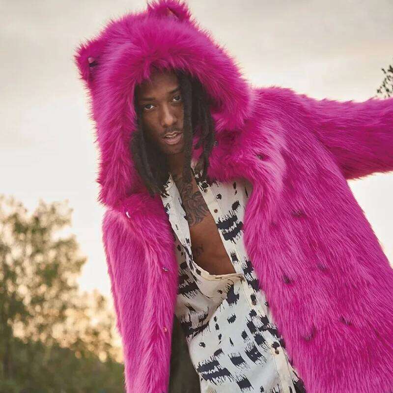 Men's Winter Tops Coat Faux Fur Hooded Pure Color Mid-Length Ears Vintage Simple Comfortable Loose Leisure Soft Niche Versatile Z260313