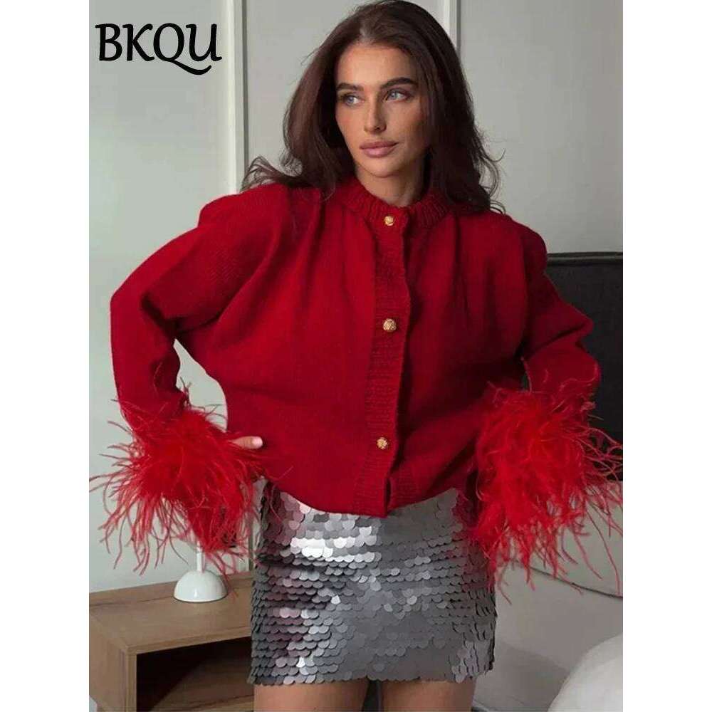 Knitted round neck sweater short splicing feather red Fried Dough Twists lazy long sleeve top cardigan Z260313
