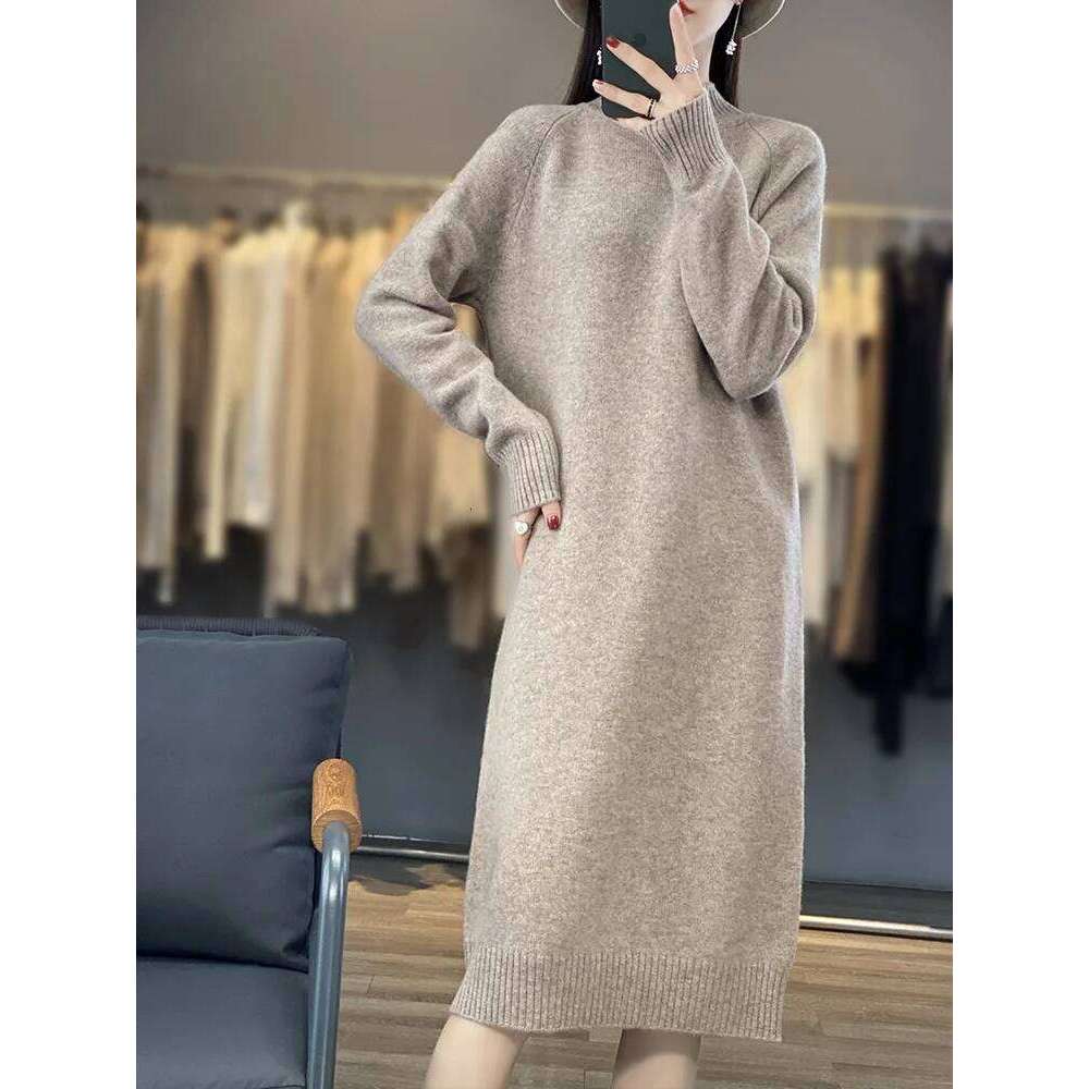 New Women Sweater 100% Merino Wool Long Autumn Winter Mock Neck Quality Cashmere Knitwear Basic Grace Dress Z260314