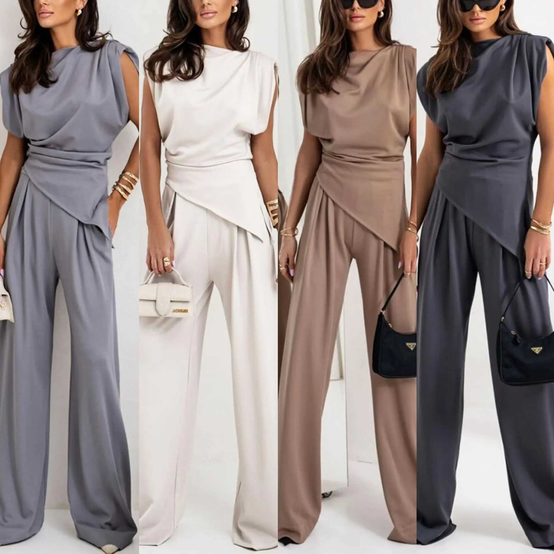 Elegant Straight Commuting Set Simple Solid Color O Neck Sleeveless Top Pants Suit Women Fashion High Street Irregular Outfit c04 M260313