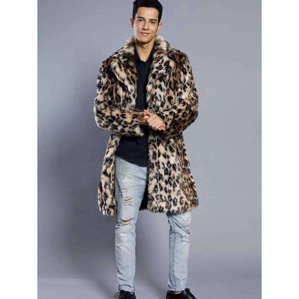 2022 Autumn Winter Large Lapel Long Faux Fur Jacket Men's Overcoat Mens Clothing Leopard Thick Coat Z260313
