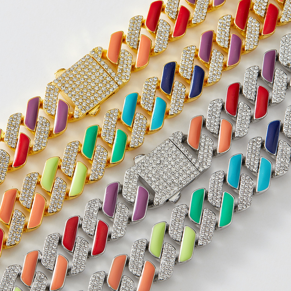 19mm Big Heavy Colorful Enamel Cuban Link Necklace Gold Plated Gemstone Hip Hop Street Party Trend Miami Curb Chains Jewelry For Lovers Couple Bijoux 