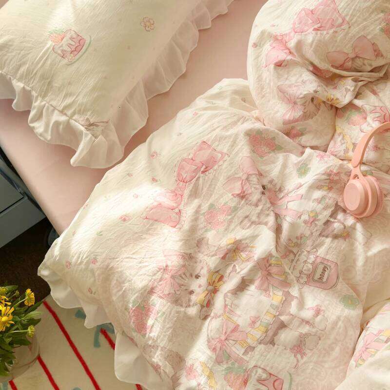 4Pcs Floral Cute Single Double Queen Bedding Girls Princess Style Ruffle Duvet Cover Set Flat Bed Sheet Pillowcases H260312 - view 5