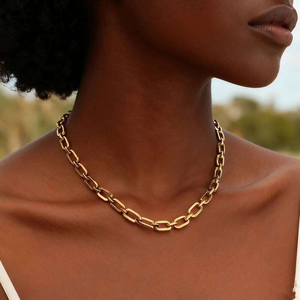 Chunky Gold Plated Link Necklace For Women, Stainless Steel Oval Thick Chain Choker Minimalist Jewelry H260312