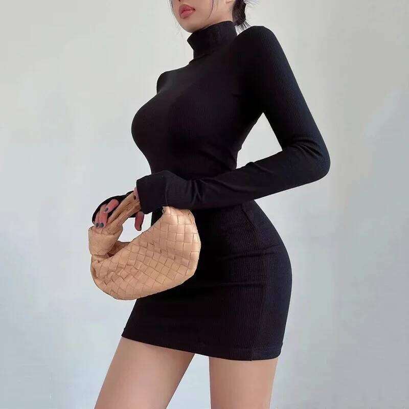 Black Half Turtleneck Mini Women Y2K Long Sleeve Sexy Slim Hip Dress Fall Winter Ladies Streetwear Party Club Vestidos Z260313