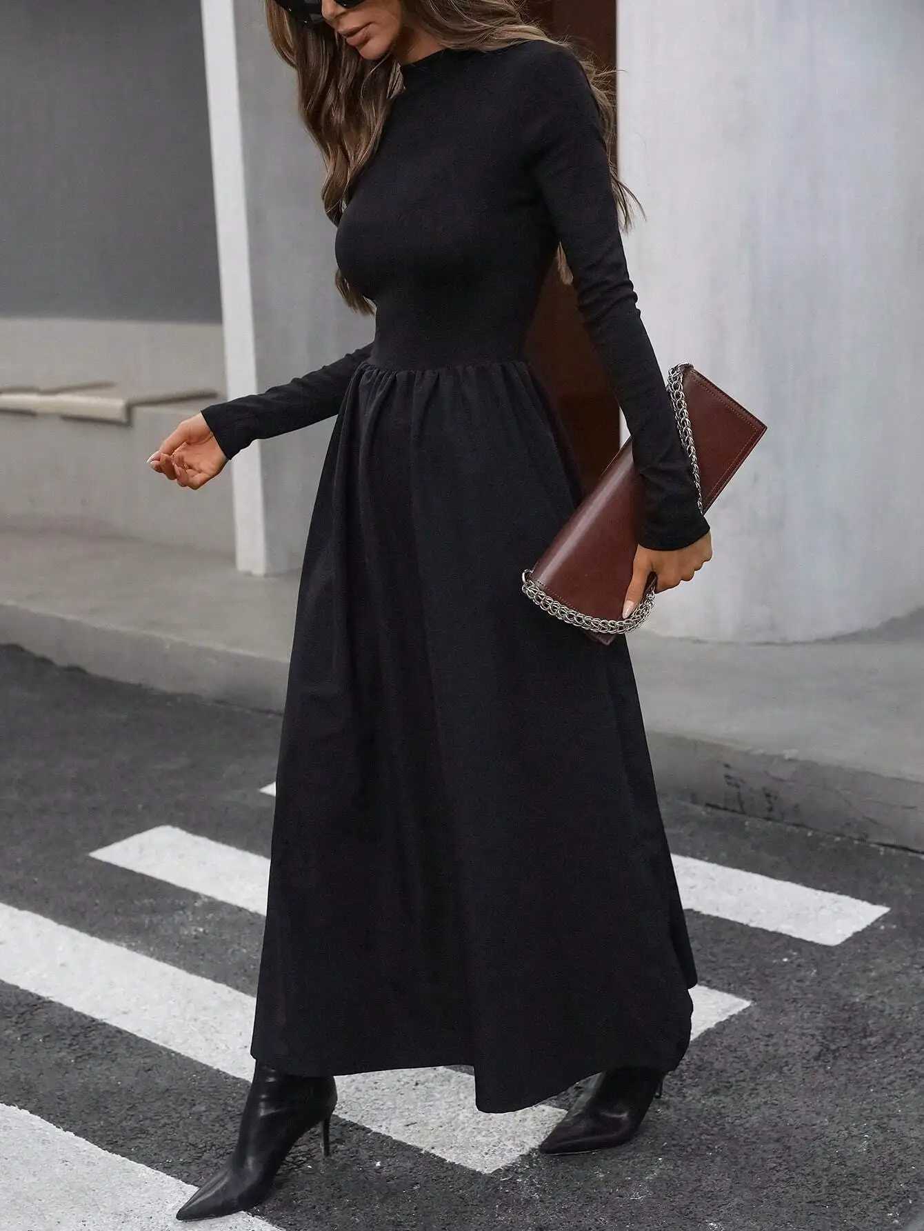 Womens Black Mock Neck Long Sleeve Maxi Dress High Waisted Flowy Skirt Slim Fit Elegant Casual Daily Office Date WearT260314