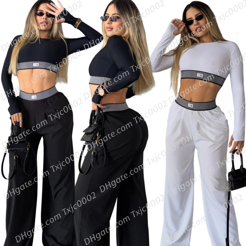 Women Tracksuits Two Pieces Set Designer New Spring Summer Fashion Long Sleeve Sexy Crop Top High Waist Loose Casual Straight Wide Leg Pants Set 9 Colors