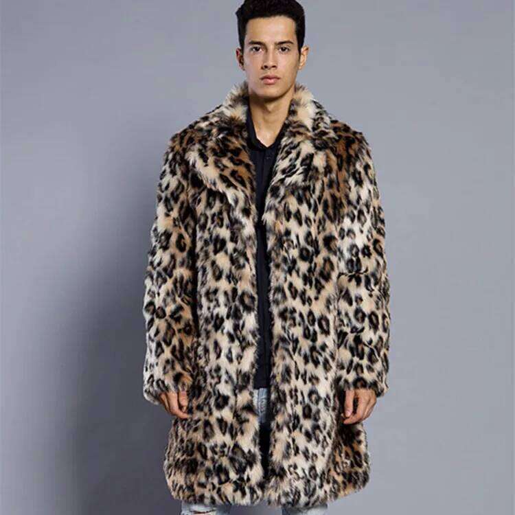 Men's Fashion Leopard Faux Overcoat Winter Warm Extra Jacket For Male Stylish Long Fur Outerwear Coat Parkas Z260313