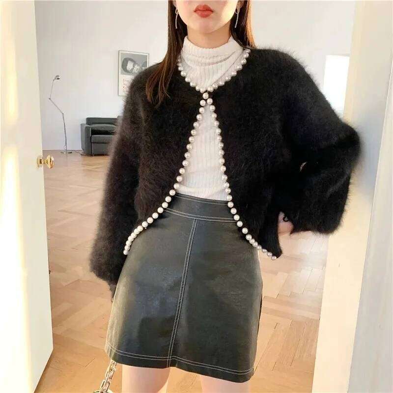 2026 Autumn Winter New Fashion Ladies Pearl Knit Lantern Sleeves Imitation Mink Fleece Sweater Cardigan Jacket Women Outerwear Z260313