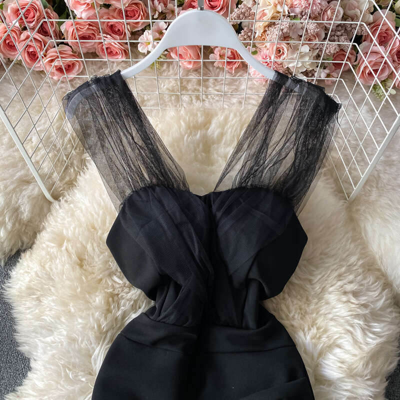 2026 New Crossover Fashion Elegant Social Celebrity Style Sexy Mesh Off Shoulder Slimming Dress Suitable for Daily Wearing