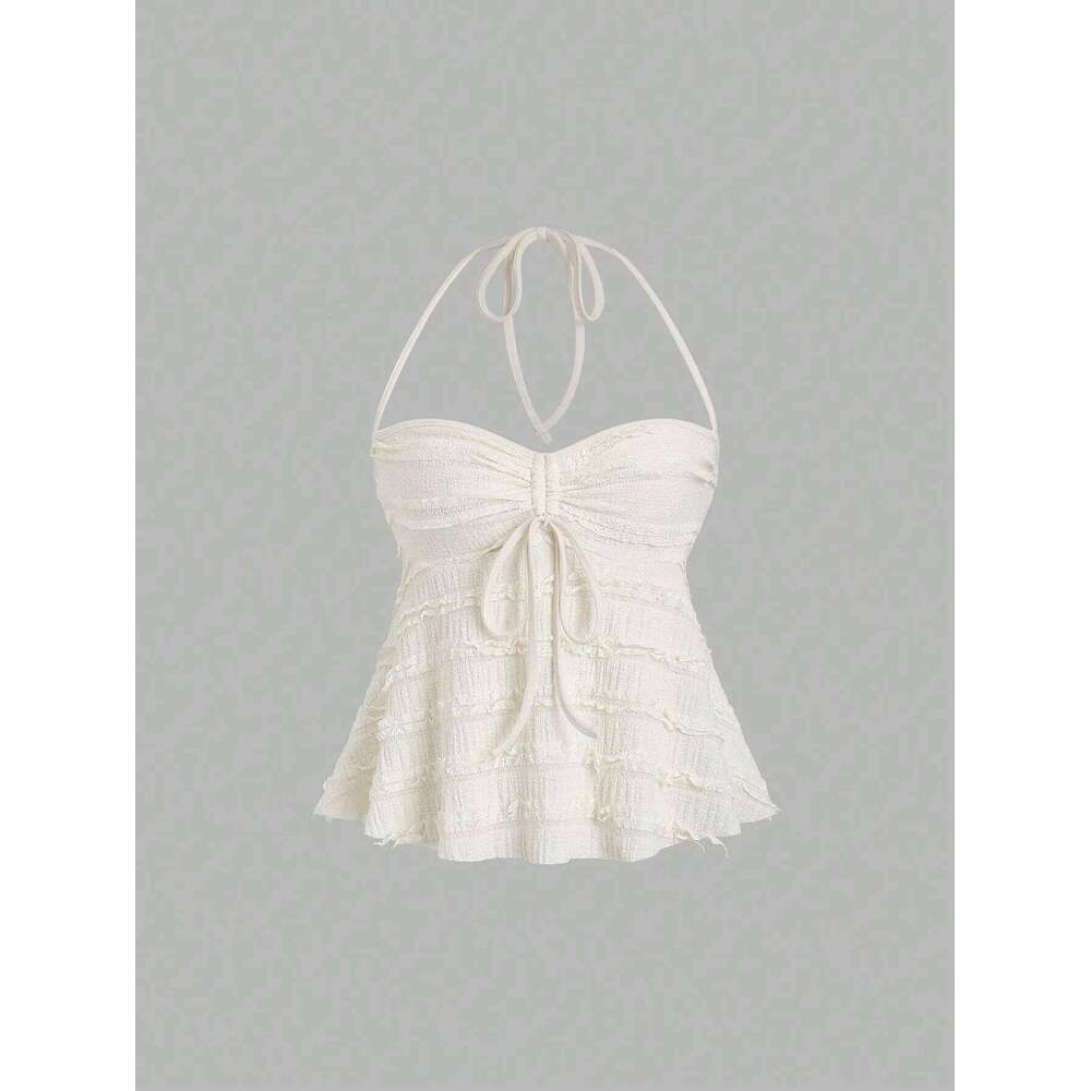 Women's Summer Fashion Casual Apricot Drawstring Knitted Textured Short Halter Neck Lace Up Vest Top