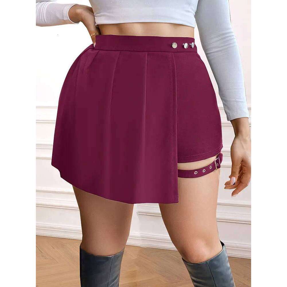 New Plus Size Metal Button Irregular Skirt Pants Sexy Thigh Strap Solid Mini Culottes Fashion Versatile Women's Clothing Bottoms Z260314