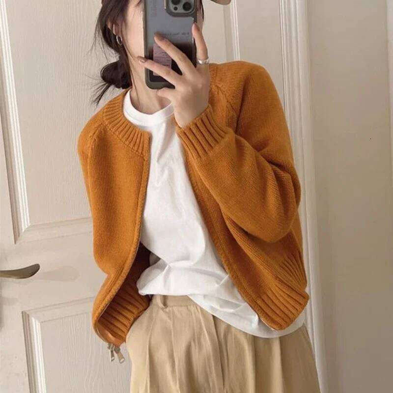 Zipper Cardigan Women Sweater O-neck Cropped Knitwear Cozy Autumn 7-Colors American Temper Minimalist Casual Z260313