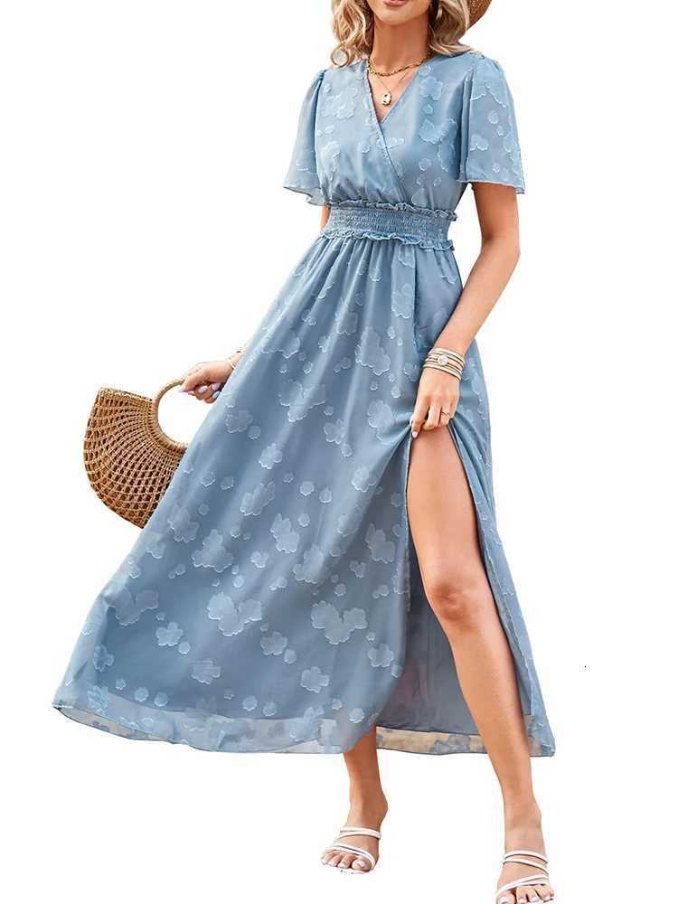 Maxi Dress Casual Summer V Neck Puff Sleeve High Waist Lace Up Dress Elegant Flowy Dress Sleeveless for Women Thigh Slit CrossoT260314