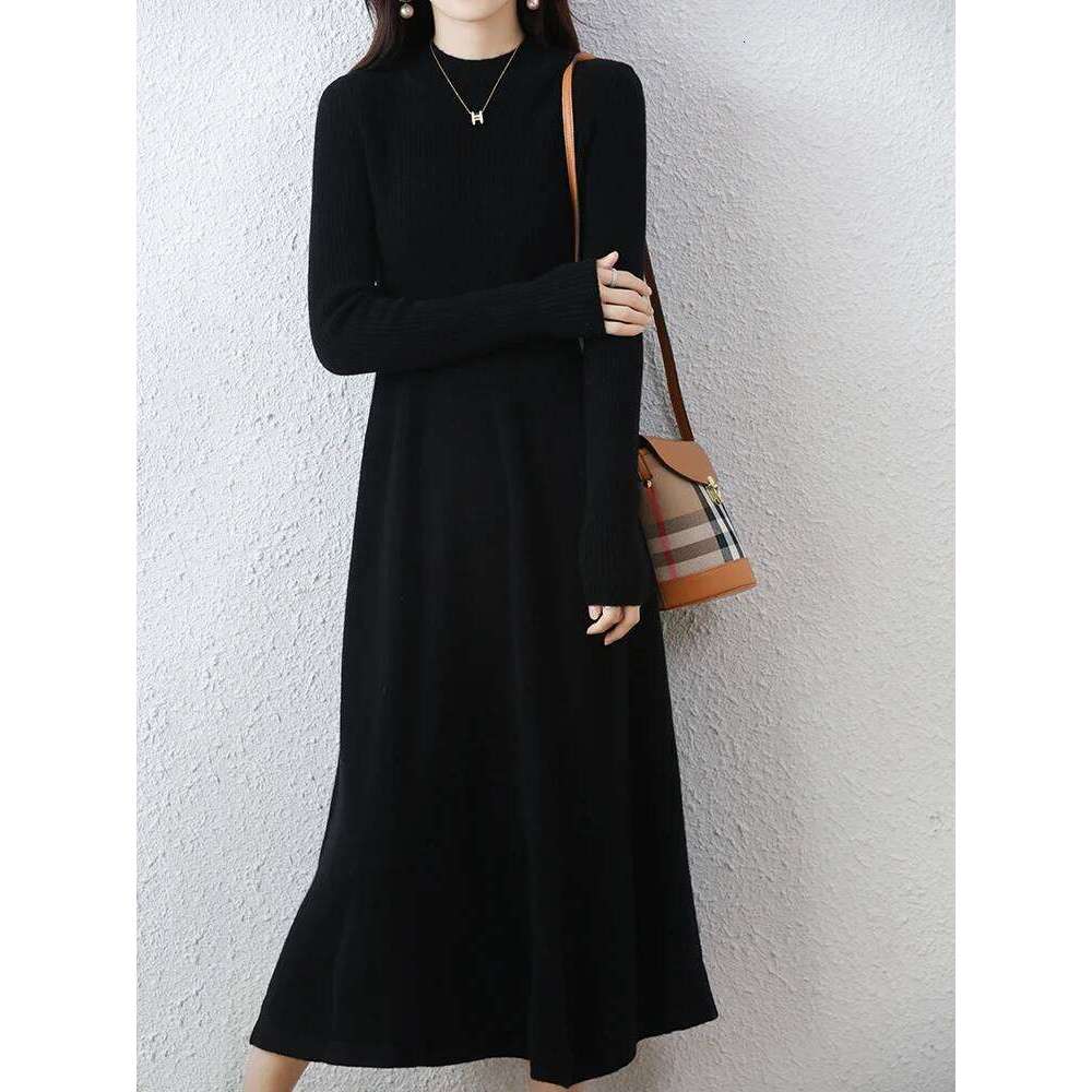 Autumn Winter Women's Dress Sweater Mock Neck Pullover Thick 100% Merino Wool Knitwear Chic Soft Cashmere Skirts A-Line Top Z260314