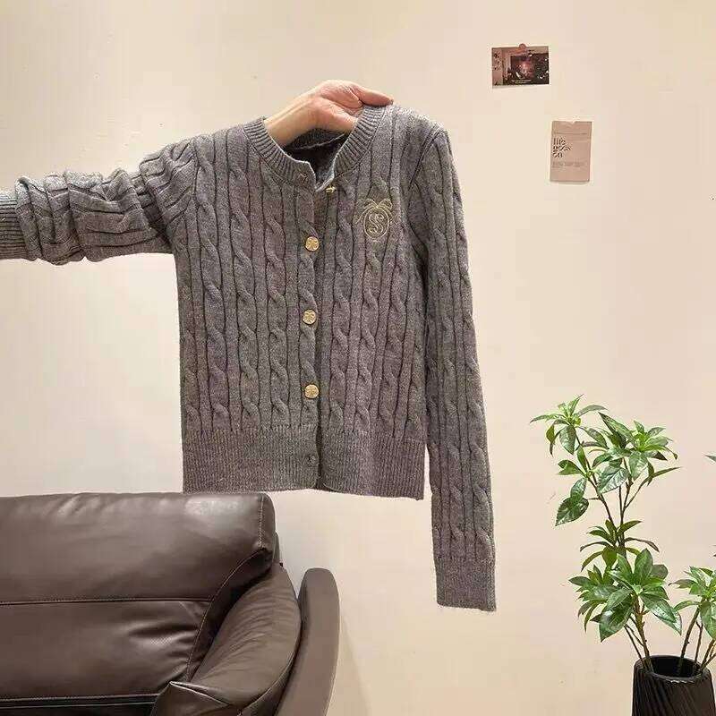 Twist Knitting Grey Embroidered Preppy-style Sweater Jacket for Women's Autumn Winter Korean Knitted Cardigan Top Buttons Z260313