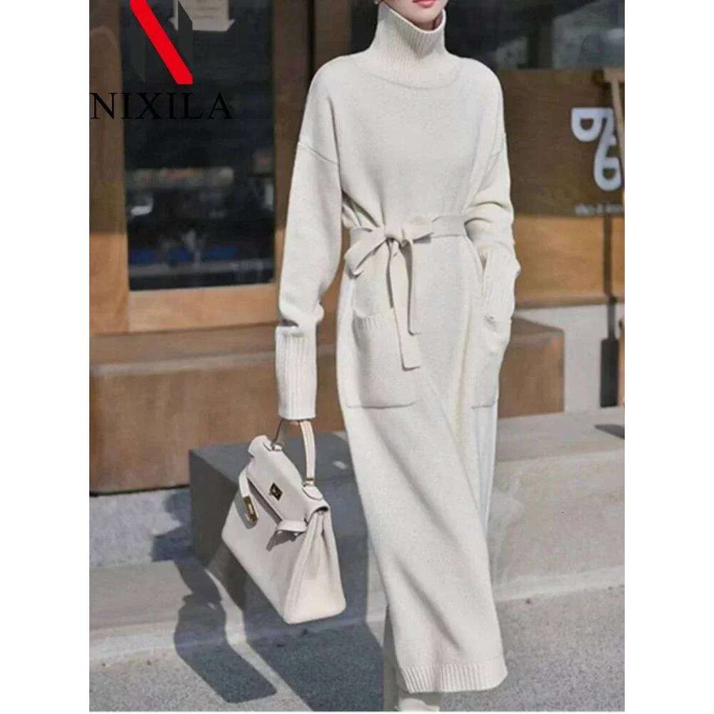 New in Autumn Winter Knitted Fashion Pullover Mid-length Turtleneck Dress Solid Color Pocket Sweater Long Dresses Woman Clothing Z260314