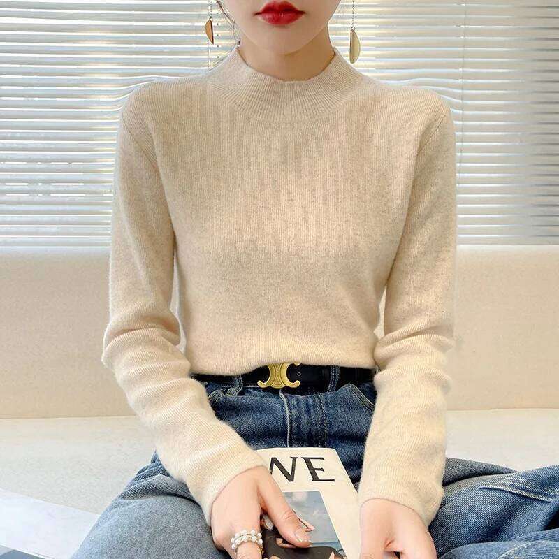 2025 Autumn/Winter New Women's Wool Blended Loose Half High Neck Solid Short Pullover Bottom Knit Sweater Ladies' Top Z260313