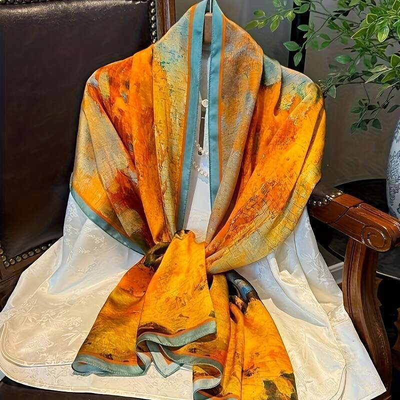 Mulberry Silk Scarf Women - Lightweight Breathable, Featuring A Vibrant Autumn Leaves Pattern, Long Shawl Ideal Fashionable Layering,Gift Liuyuemoshan