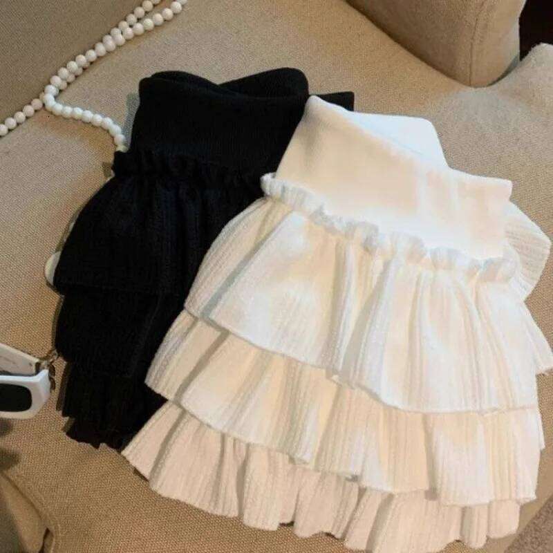 Sweet Puffy Cake Women Skirts Korean Fashion Ruched Ruffle Mini Campus Harajuku Casual Versatile Elastic Waist Solid Skirt Z260314