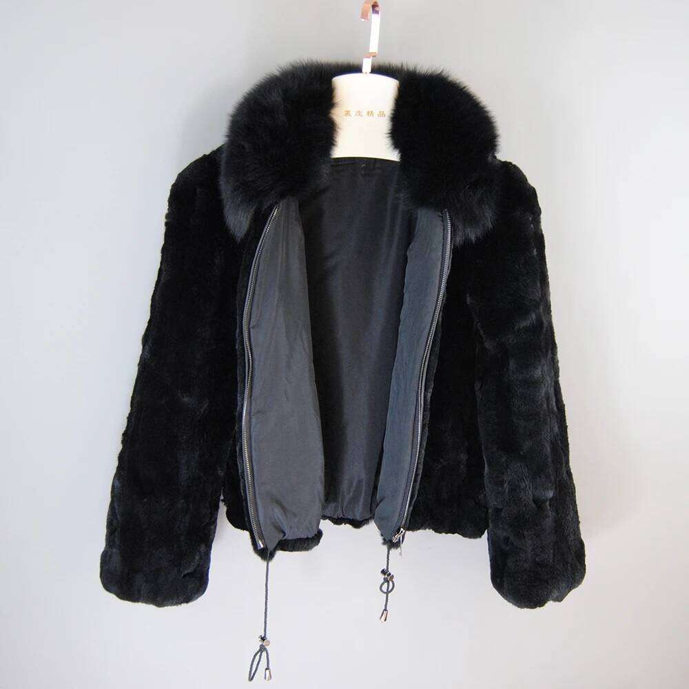 New Style Women Winter Warm Soft Quality Coat Rex Rabbit Short Jacket Big Real Fox Fur Collar Overcoat Z260313