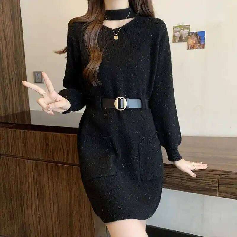 Red Bright Silk Sweater Mid-length Knitted Autumn Winter Waist-hugging and Slimming Inner Bottom Skirt Z260313