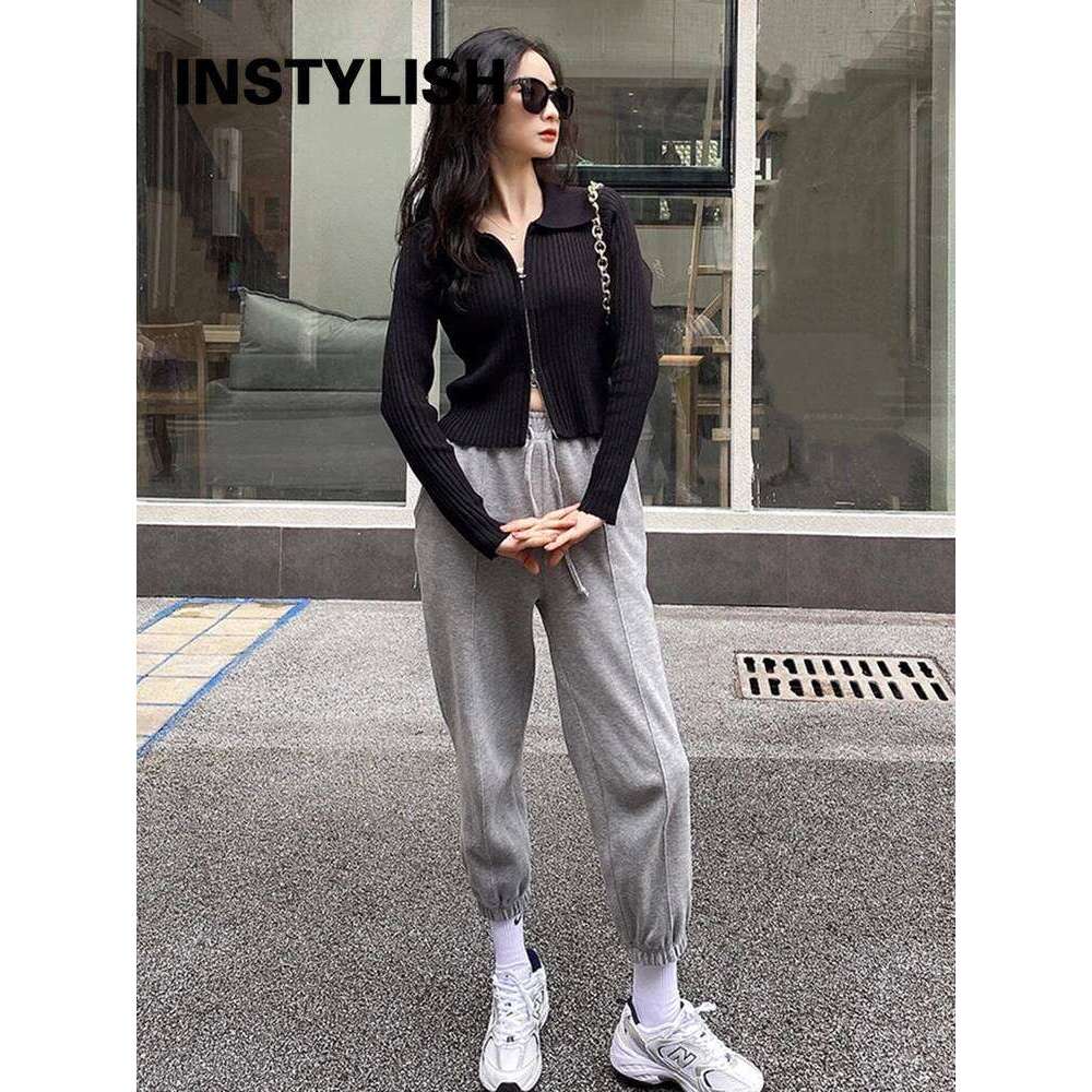 Elegant Korean Knitted Sweater Sexy Lapel Zipper Up Cardigan Women Vintage Harajuku Slim Coat Casual Ribbed Knit Cropped Tops Z260313