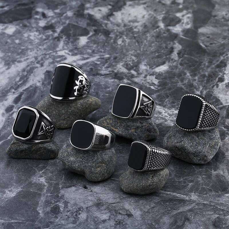Simple Fashion Stainless Steel With Black Agate Stone Rings For Men Women High Quality Wedding Jewelry Gifts Dropshipping H260312