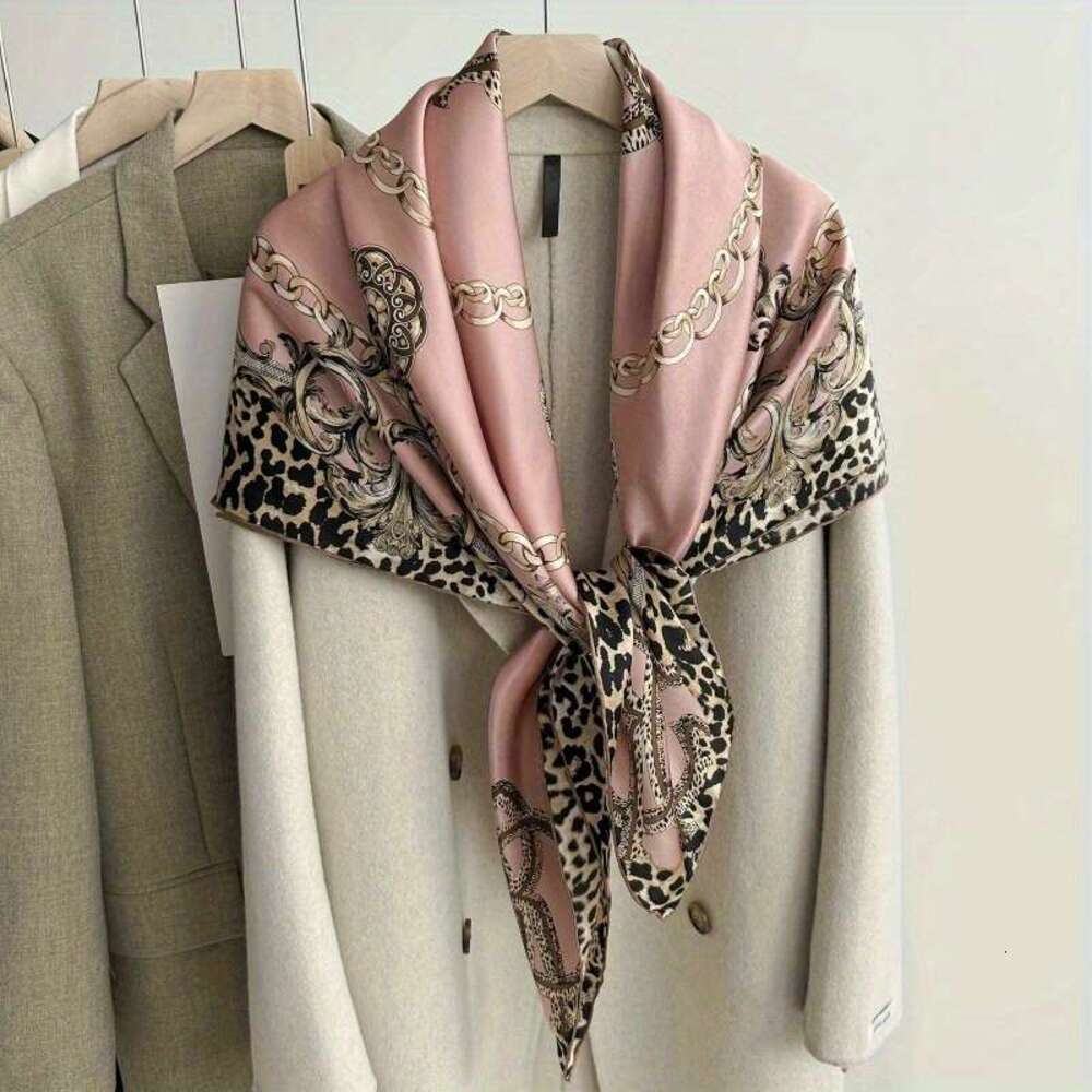 Ultra Long Pink Leopard Print With Golden Chain Embellishment, Elegant Square Shawl Convertible, Unisex High-End Scarf/Shawl- Liuyuemoshang