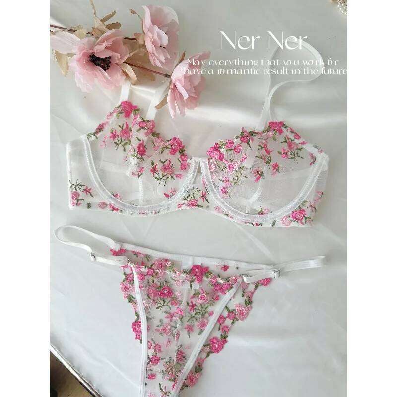 Kawaii Japanese Lingerie Sheer Tulle, Pink Floral Embroidery Bra Bralette, Pure Matching Set BANERDANNI Sexy Tushy Bras