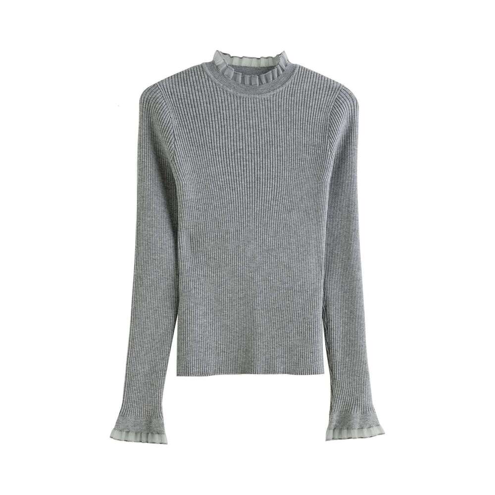 ZIQIAO Women Beige Slim Pullovers Ruffle Patchwork Design Knitted Black All-Match Bottoming Long Sleeve Sweater Tops 24ZQ93231 Z260314