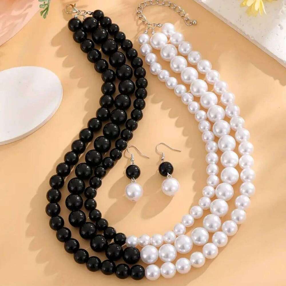 Elegant Black White Imitation Pearl Necklace - Unique Women's Layered Design, Suitable For Parties And Gifts H260312