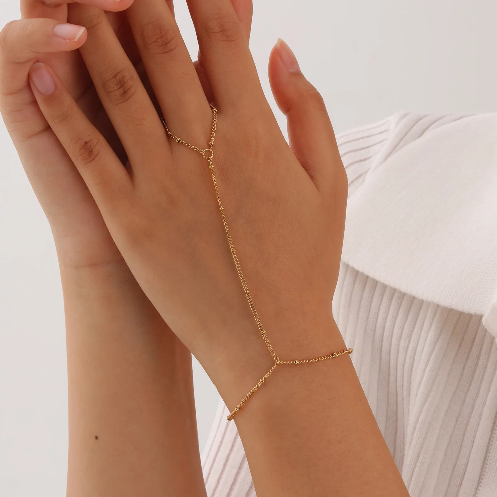 Stainless Steel Pearl Finger Ring Charms Bracelets for Women Bead chain zircon Mittens Tassel Bracelet Jewelry Gifts 260313