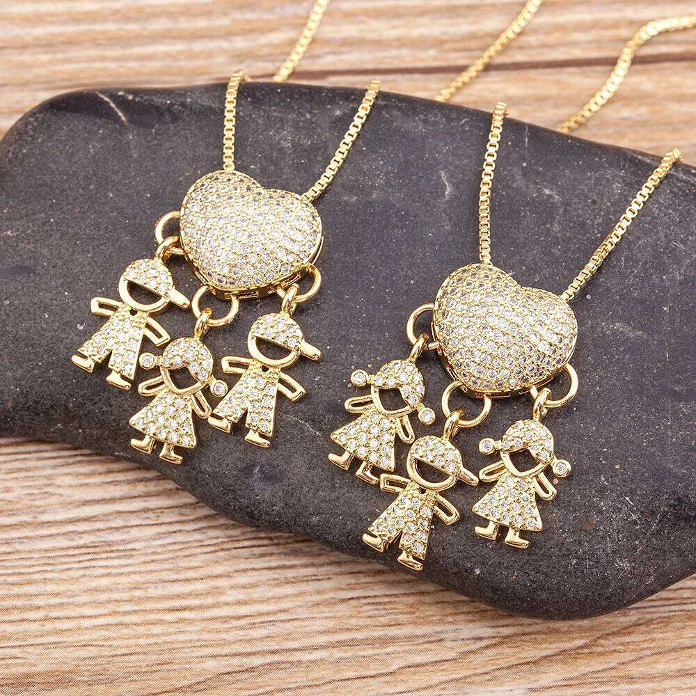 Nidin Hot Sale Son Daughter Heart Gold Plated Cubic Zirconia Family Girl Boy Pendant Necklace Chain Jewelry For Mother Gift H260312