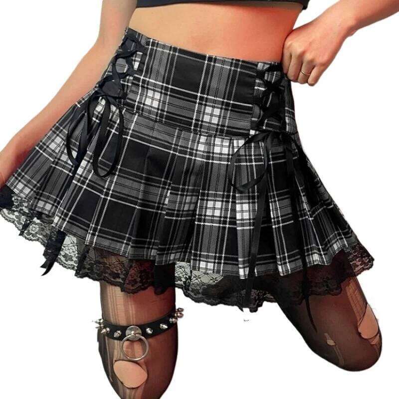 E-girl Retro Lace Up Pleated Skirt High Waist Plaid Print Mesh Stitching Hem Y2K Aesthetic Gothic Black Pink Mini Skirts Bodycon Z260314