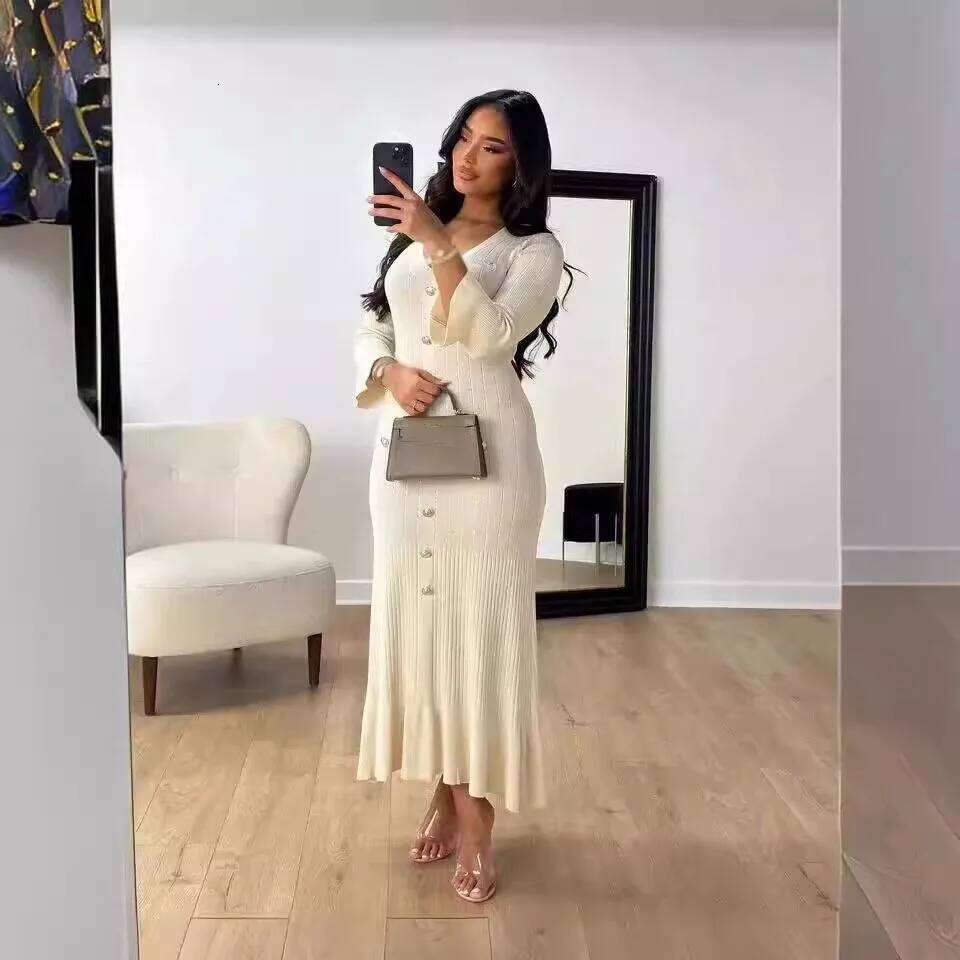 Elegant Knitted Fashion V-neck Sleeves Slim Buttons Solid Color Long Dress Spring Autumn Commuting Women Clothing Z260314