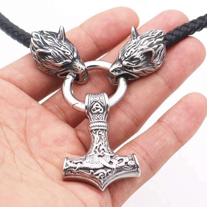Vintage Antique Silver Black Thor's Hammer Viking Wolf Head Necklace Vegvisir Anchor Pendant Male Jewelry H260312