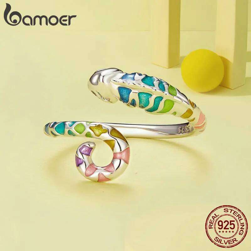 Bamoer 925 Sterling Silver Colorful Chameleon Opening Enamel Process Animal Adjustable Ring for Women Fine Jewelry H260312