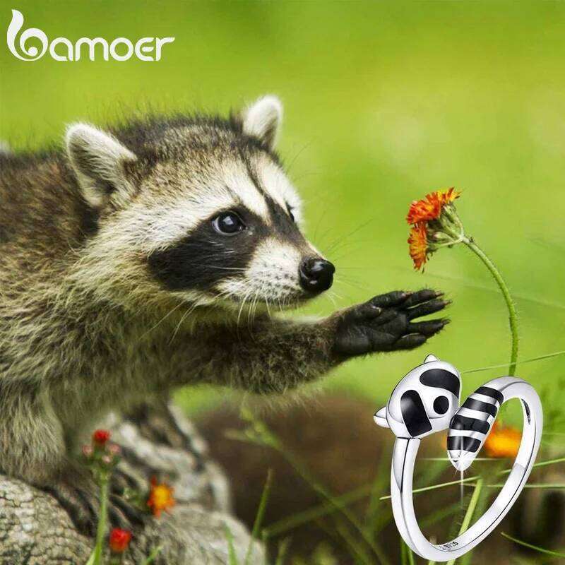 BAMOER Authentic 925 Sterling Silver Black Enamel Raccoon Finger Rings for Women Adjustable Free Size Fine Jewelry SCR652 H260312