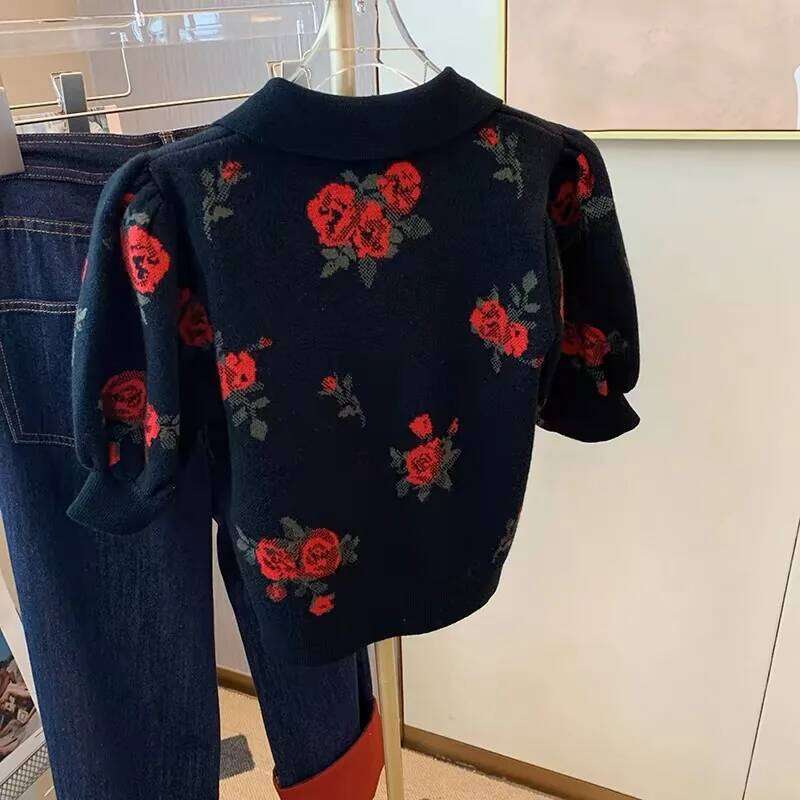 Black Rose Jacquard Sweater For Women Knit T-shirt Pullovers Elegant Vintage Ladies Tops Tees 2024 Summer Short Sleeve Knitwear Z260313