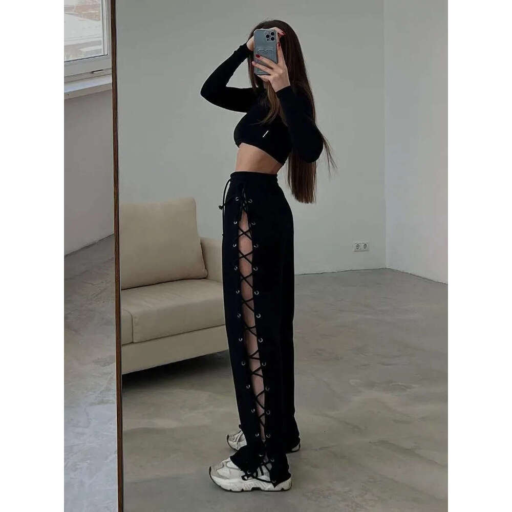 Women's Pants Hollow Out Bandage Sweatpants Solid High Waist Side Split Loose Straight Trouser Female Casual Tie Drawstring Pant Z260312