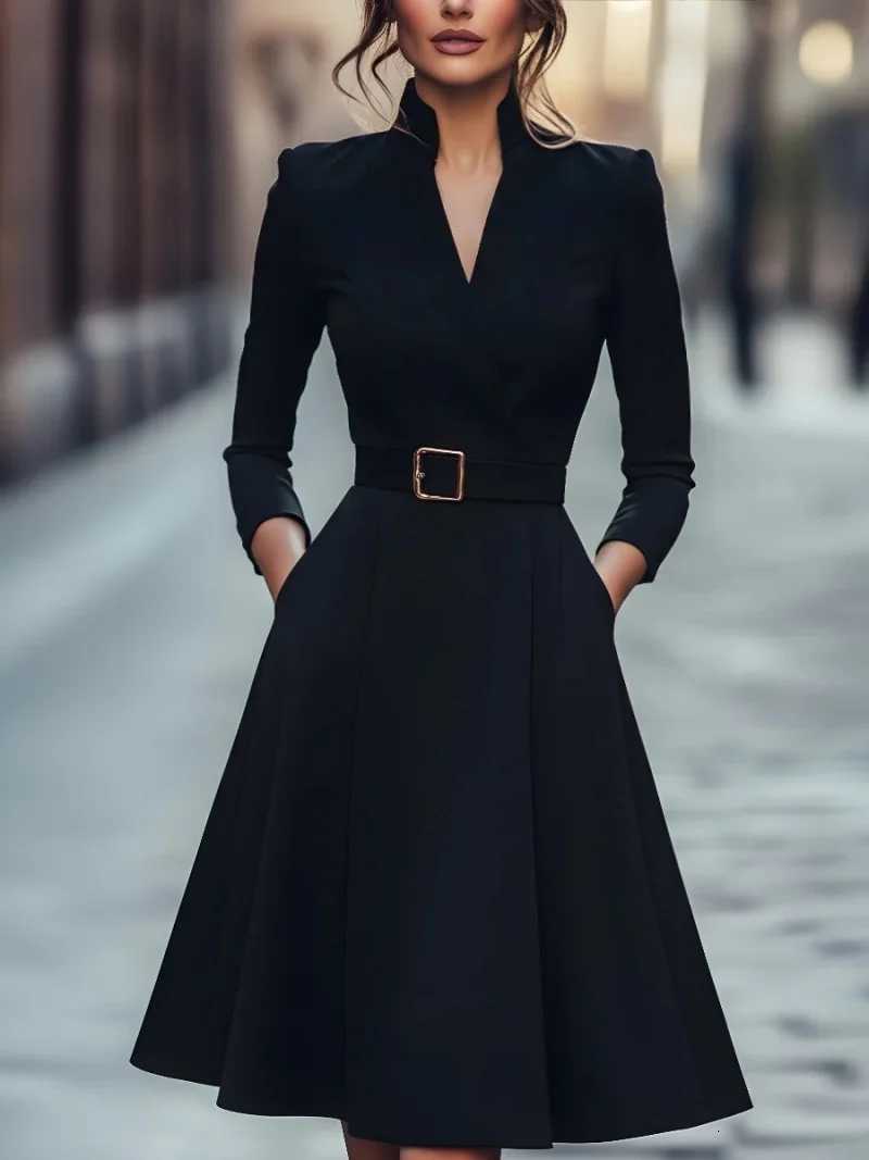 Womens Autumn Winter V-Neck Long Sleeve A-Line Skirt Slimming Waist Belted Medium-Length Commuter FashionT260316