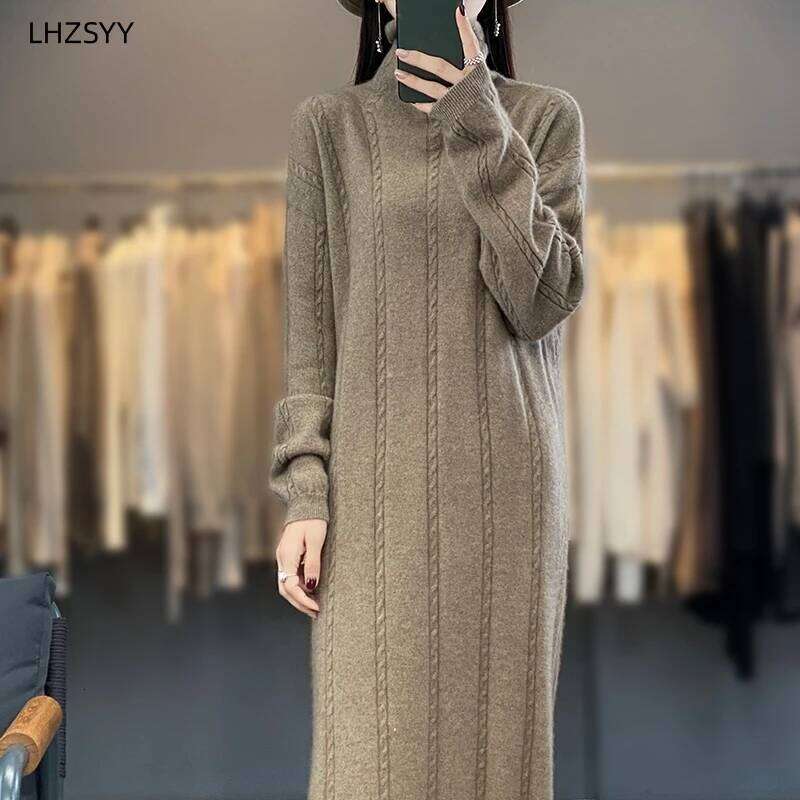 LHZSYY Turtleneck 100% Pure Wool Women's New Autumn Winter Hip Wrap Knit Skirt High-End Sweaters Loose Cashmere Long Dress Z260313
