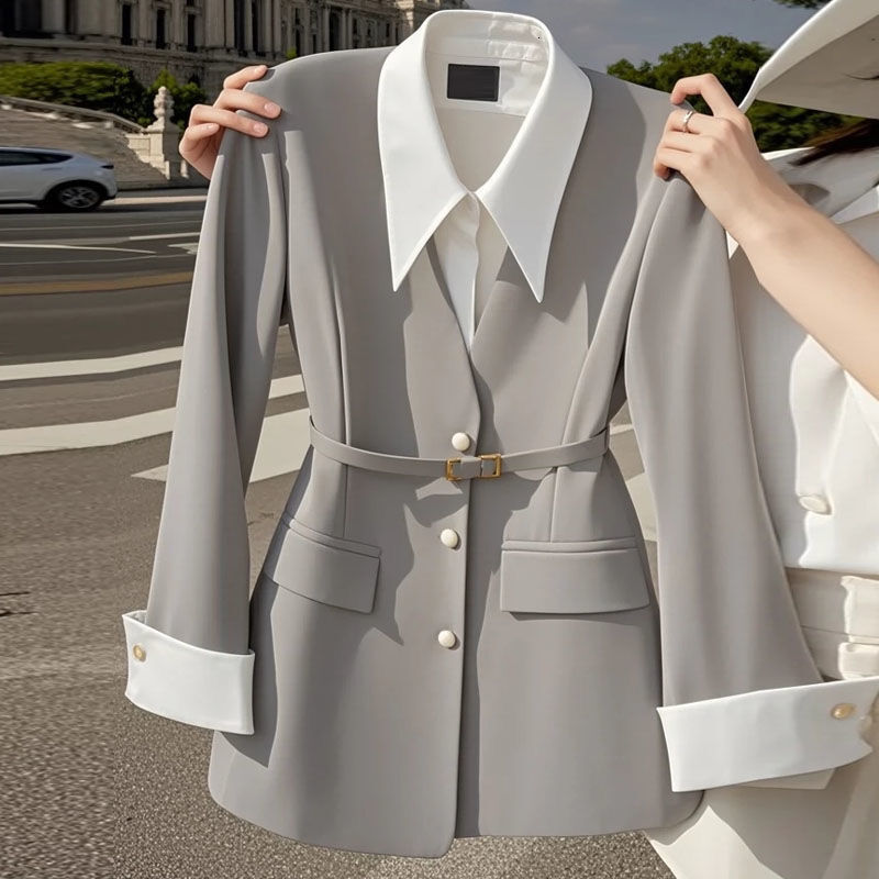 Luxury Brand Designer Clothes 2024 Early Autumn Little Style Black Fake Two-Piece Blazer Women's Niche Design Korean Style Waist-Cinching Small B
