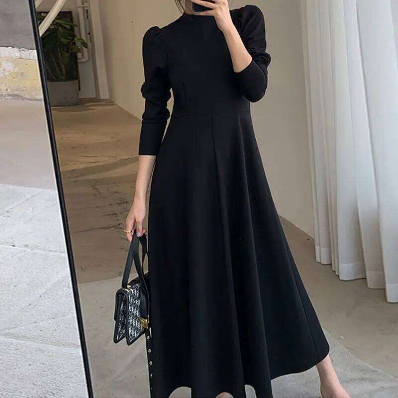 Elegant Fashion Harajuku Slim Fit All Match Women's Clothing Loose Casual Mid Length Skirt Solid Patchwork Long Sleeve Dresses Z260314
